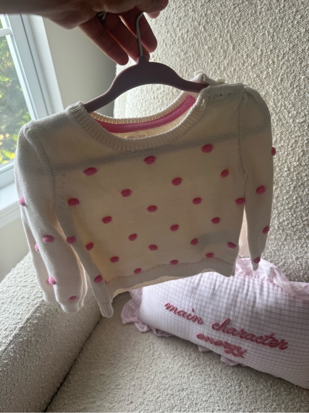 GAP Cream Knit Sweater with Pink Pom Accents